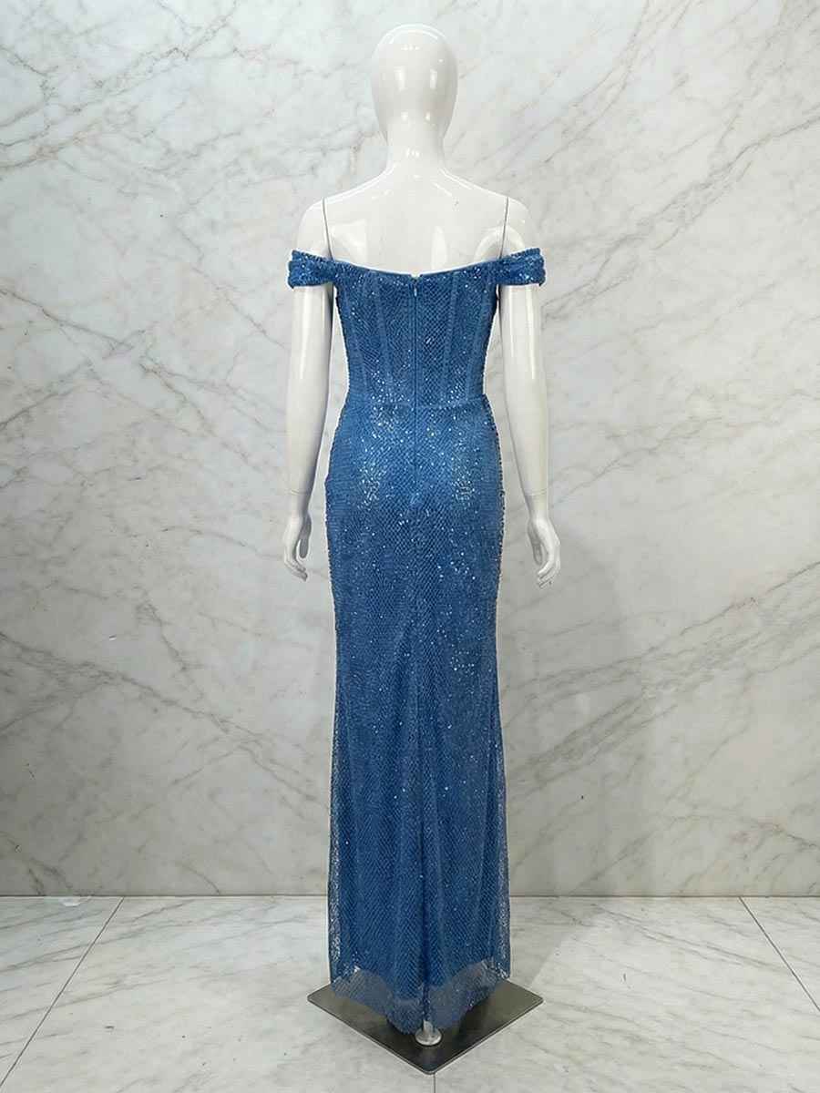 Glamorous Royal Blue Sequin Off-the-Shoulder Corset Prom Dress with Slit