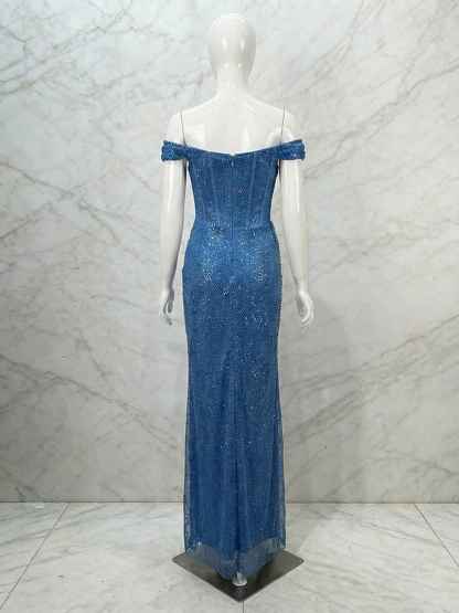 Glamorous Royal Blue Sequin Off-the-Shoulder Corset Prom Dress with Slit