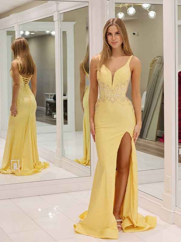 Glitter Yellow Mermaid V Neck Satin Long Prom Dress with Slit