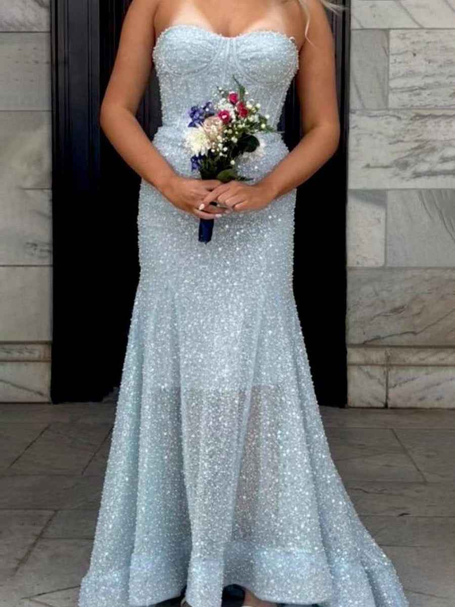 Glitter Blue Mermaid Strapless Sweetheart Long Prom Dress