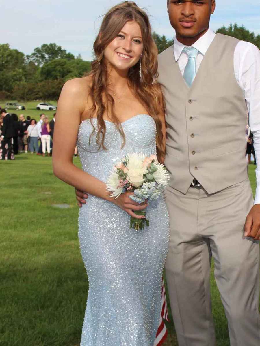 Glitter Blue Mermaid Strapless Sweetheart Long Prom Dress