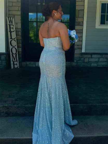 Glitter Blue Mermaid Strapless Sweetheart Long Prom Dress