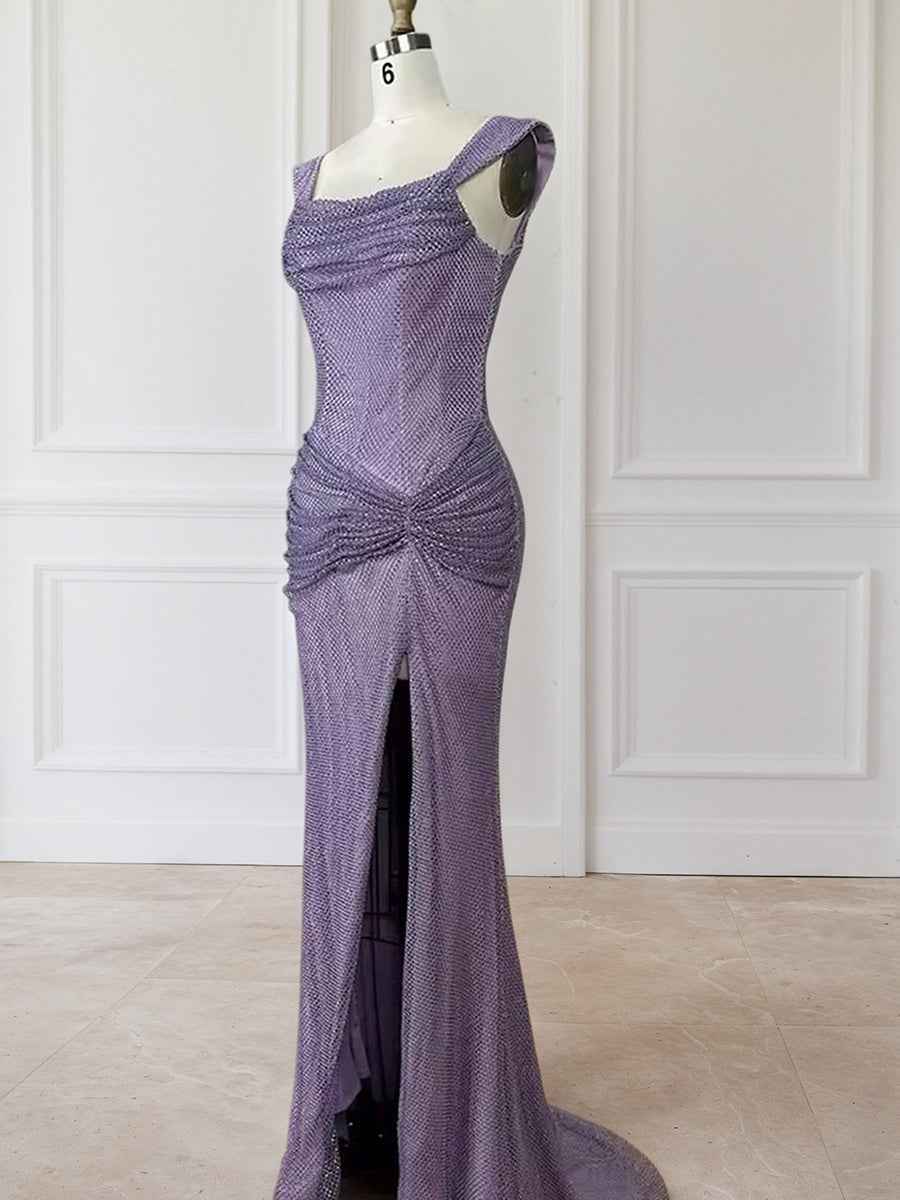 Glitter Lavender Off The Shoulder Shimmer Ruched Prom Dress with Slit