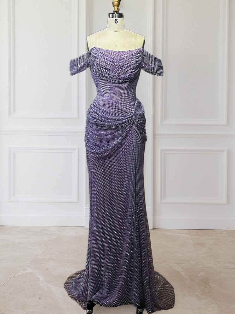 Glitter Lavender Off The Shoulder Shimmer Ruched Prom Dress with Slit