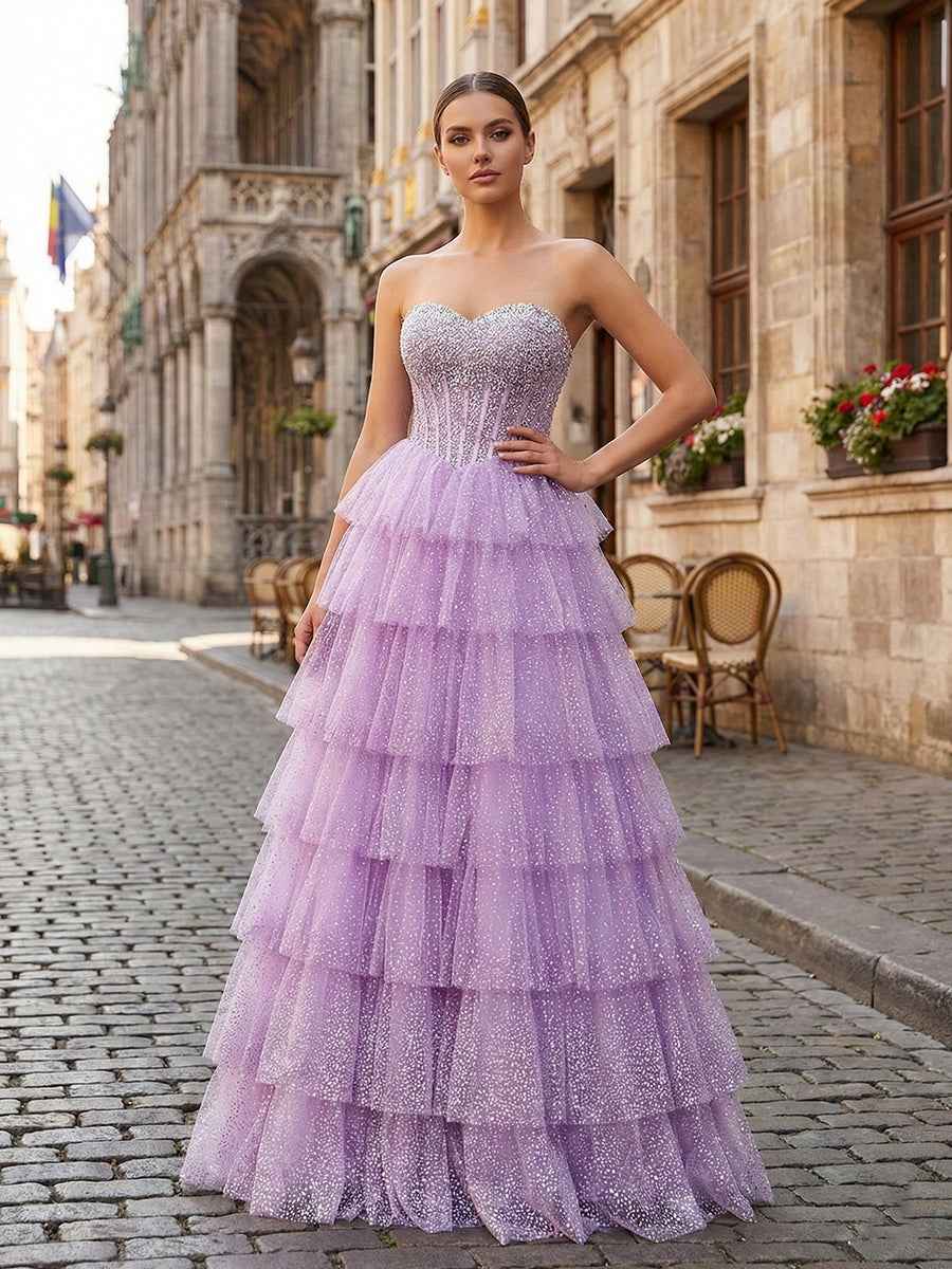 Glitter Lavender Strapless Beaded Corset Tiered Prom Dress