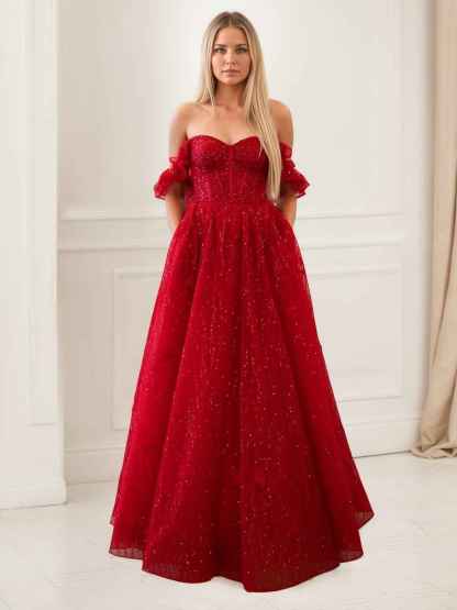 Glitter Red A-Line Corset Bodice Ruffled Tulle Prom Dress