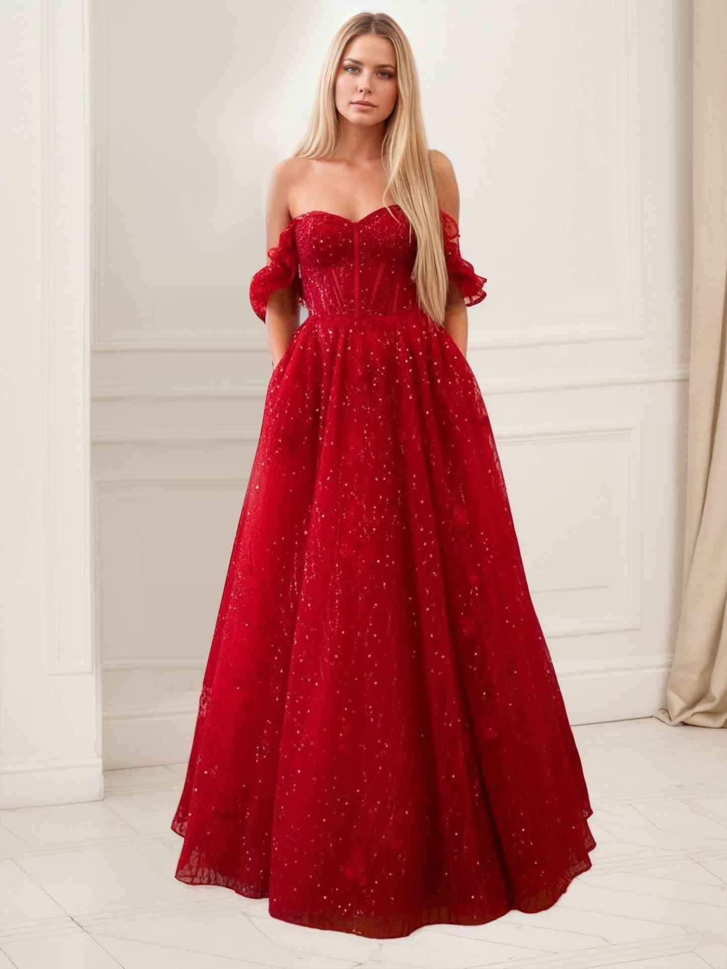 Glitter Red A-Line Corset Bodice Ruffled Tulle Prom Dress