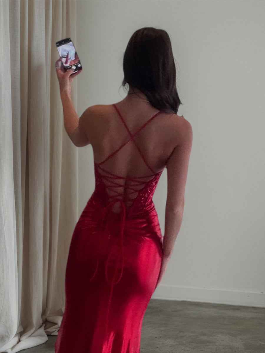 Glitter Red Ruched Satin Long Prom Dress with Slit