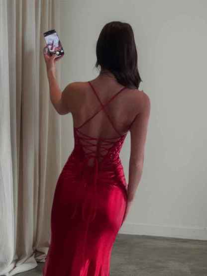 Glitter Red Ruched Satin Long Prom Dress with Slit