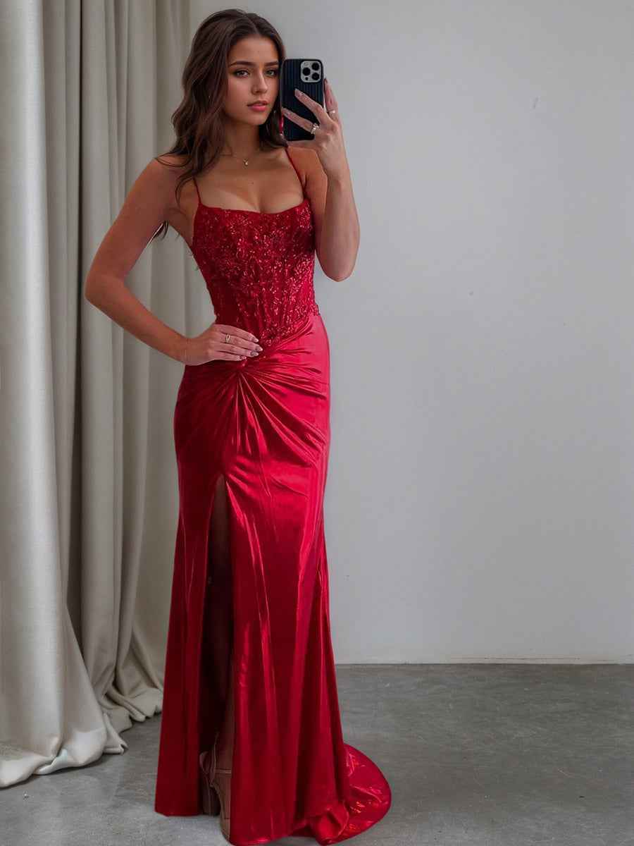 Glitter Red Ruched Satin Long Prom Dress with Slit