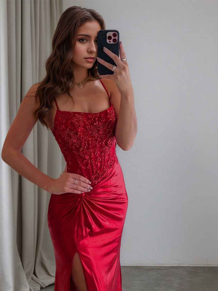 Glitter Red Ruched Satin Long Prom Dress with Slit