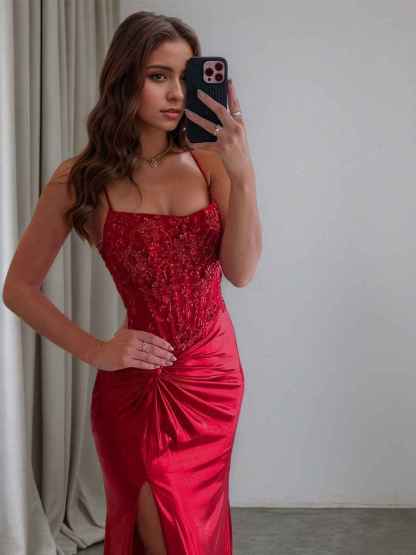Glitter Red Ruched Satin Long Prom Dress with Slit