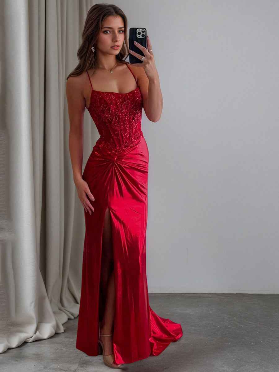 Glitter Red Ruched Satin Long Prom Dress with Slit
