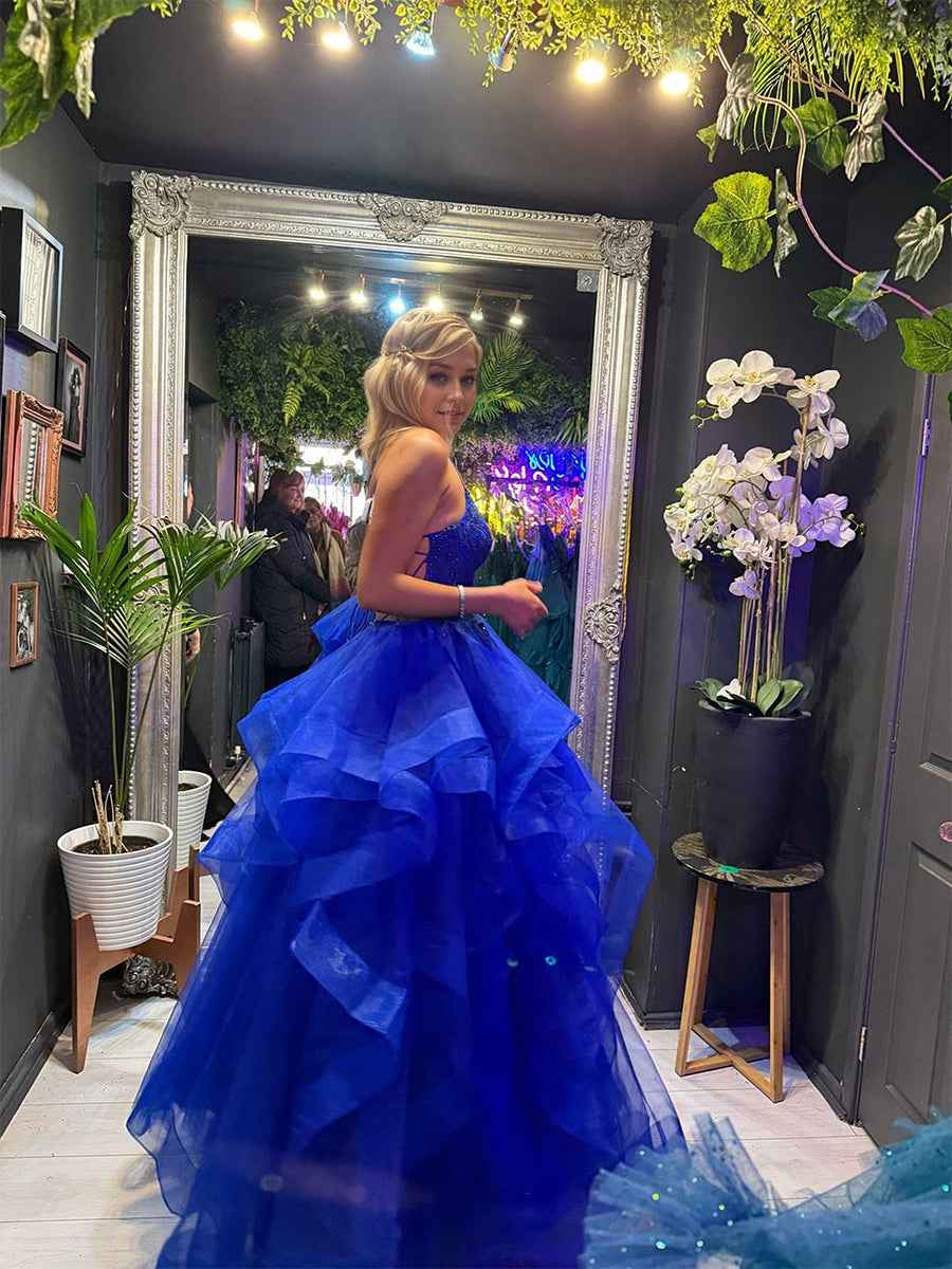 Glitter Royal BlueTiered Tulle Corset Long Prom Dress