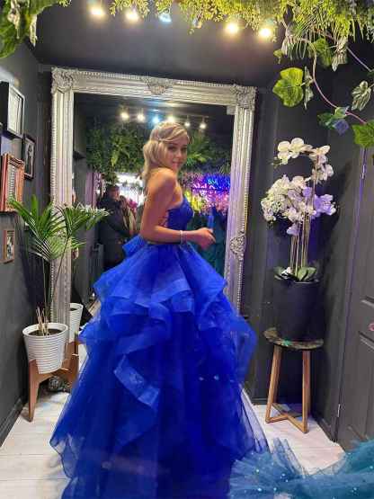 Glitter Royal BlueTiered Tulle Corset Long Prom Dress