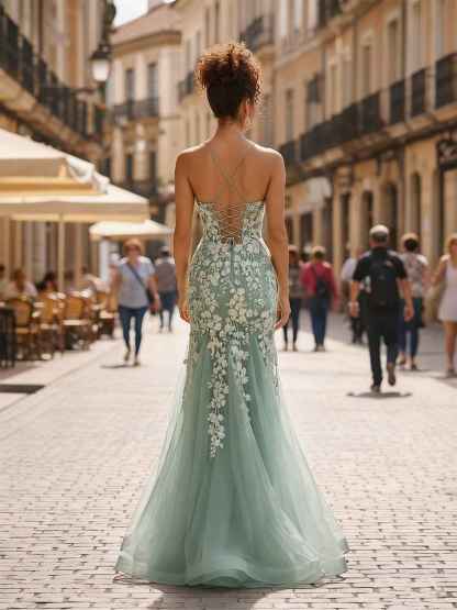 Glitter Sequins Mermaid V Neck Tulle Prom Dress with Appliqued