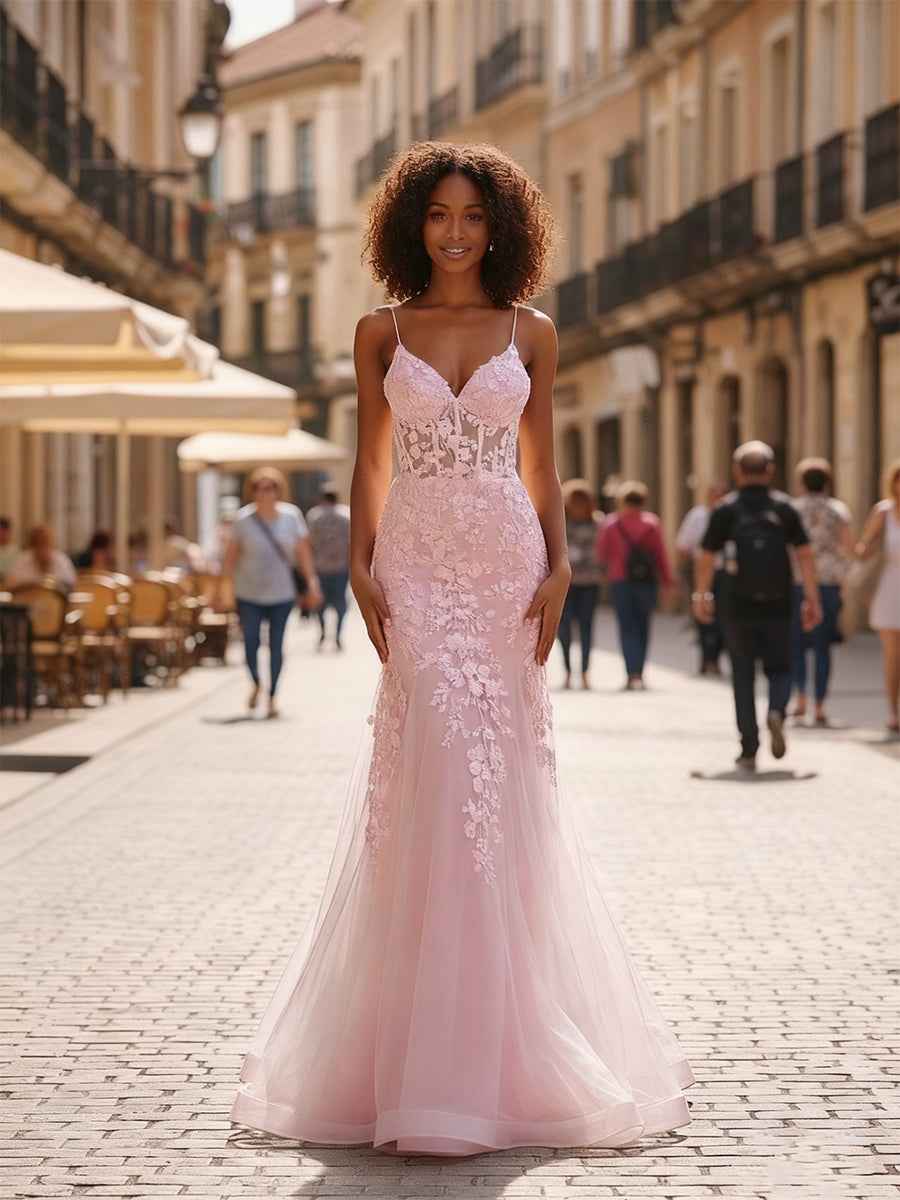 Glitter Sequins Mermaid V Neck Tulle Prom Dress with Appliqued