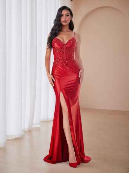 Glitter Sheer Beaded Corset Bodice Prom Dress with High Slit
