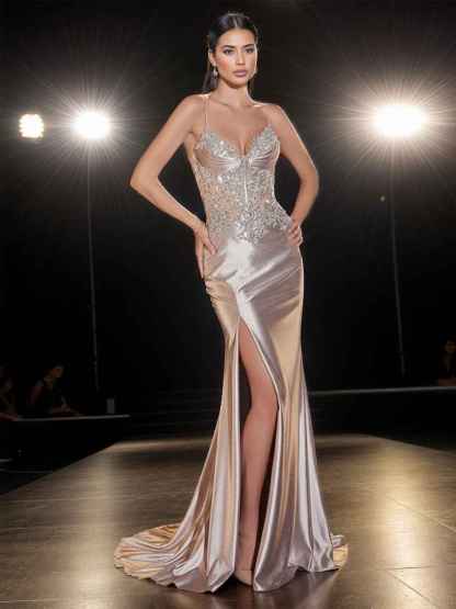 Glitter Sheer Beaded Corset Bodice Prom Dress with High Slit