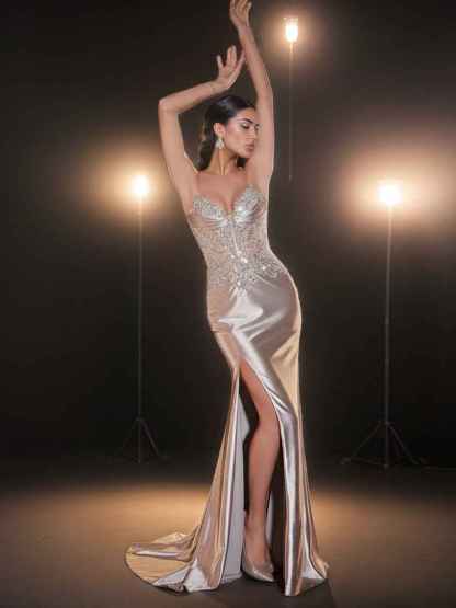 Glitter Sheer Beaded Corset Bodice Prom Dress with High Slit