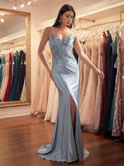 Glitter Sheer Beaded Corset Bodice Prom Dress with High Slit