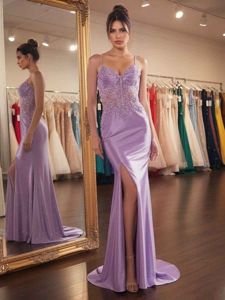 Glitter Sheer Beaded Corset Bodice Prom Dress with High Slit