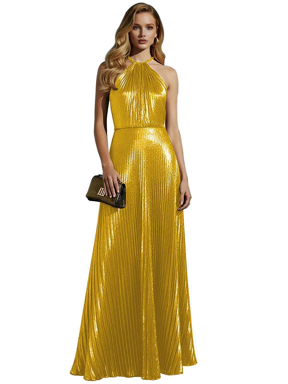 Luxurious Champagne-Gold Pleated Halter Long Prom Dress