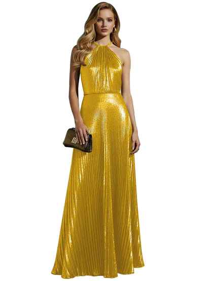 Luxurious Champagne-Gold Pleated Halter Long Prom Dress