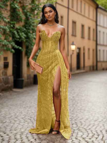 Red Strapless Beaded Fringe Waist Sequin Prom Dress with High Slit