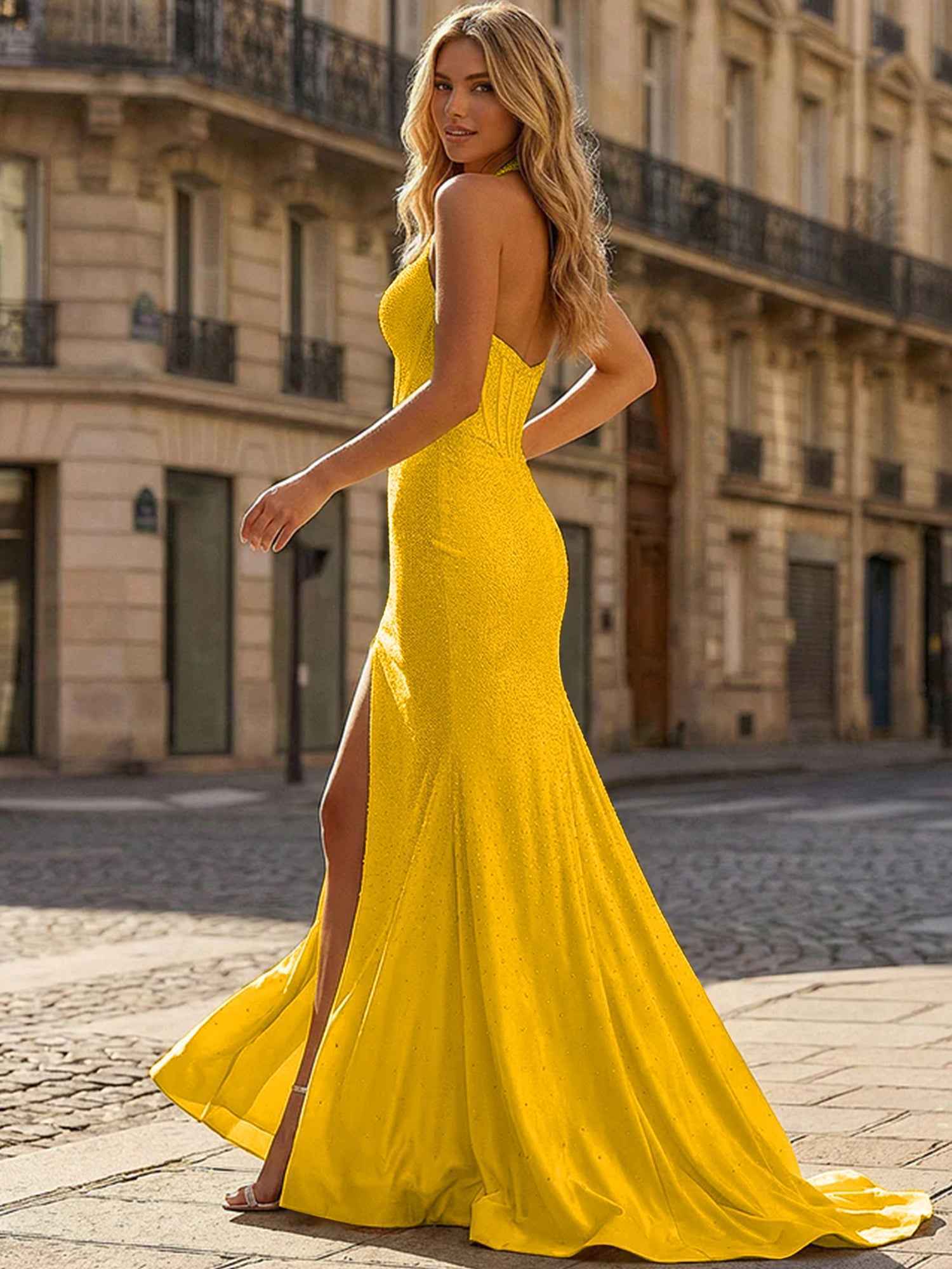 Yellow Beaded Halter Corset Prom Dress with High Slit