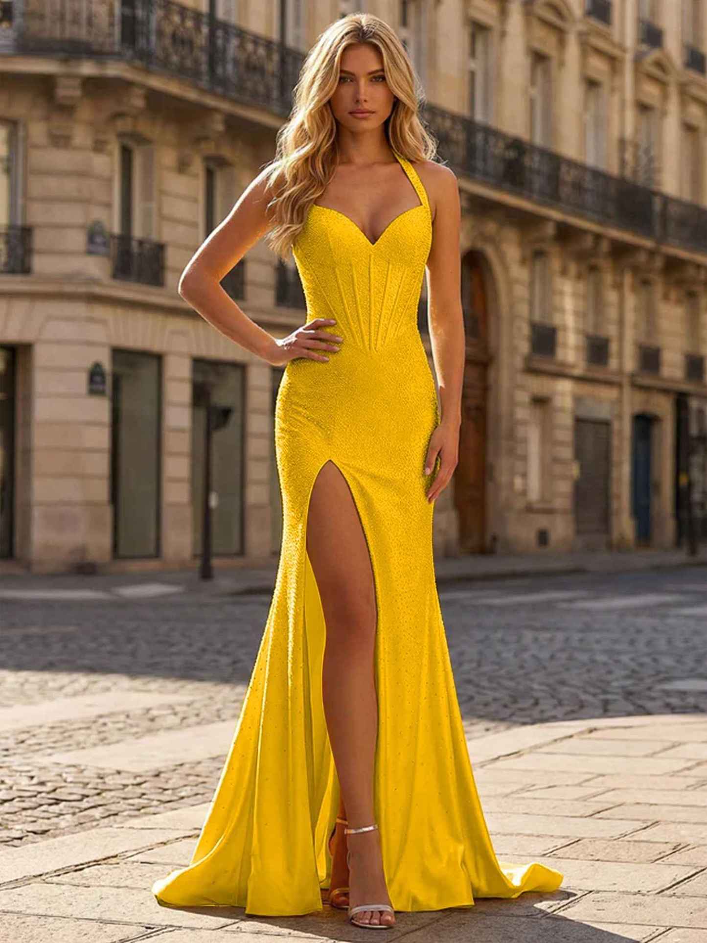 Yellow Beaded Halter Corset Prom Dress with High Slit