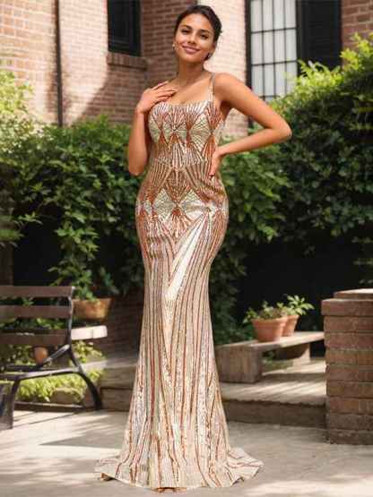 Sparkly Gold Mermaid Spaghetti Straps Corset Sequin Long Prom Dress