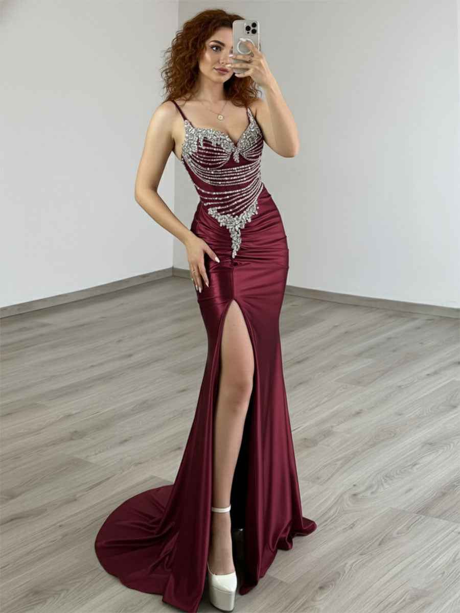 Gold Plunging V-Neck Beaded Bodice Satin Prom Dress with Slit