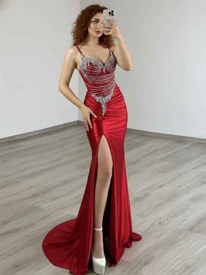 Gold Plunging V-Neck Beaded Bodice Satin Prom Dress with Slit