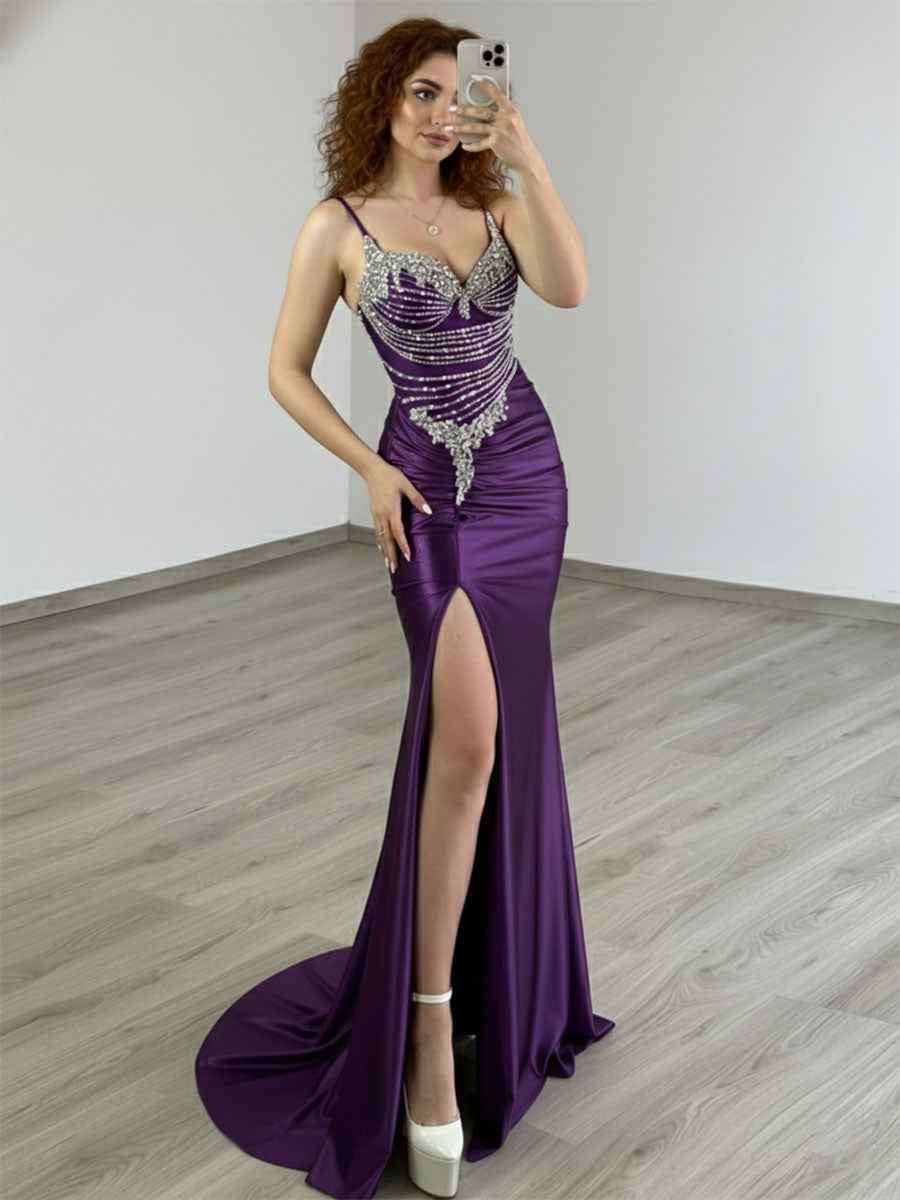Gold Plunging V-Neck Beaded Bodice Satin Prom Dress with Slit