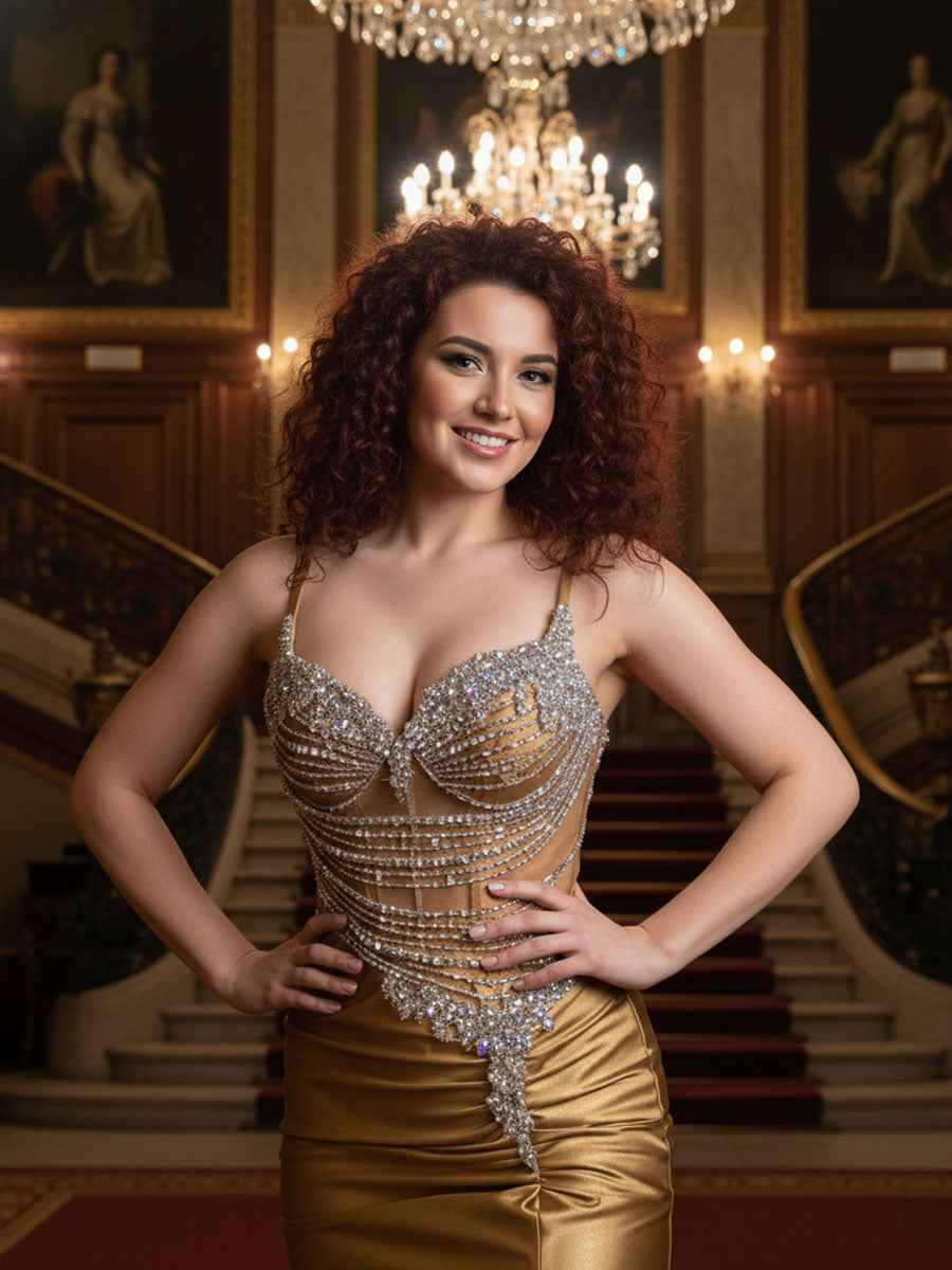 Gold Plunging V-Neck Cascading Crystal Satin Prom Dress with Slit