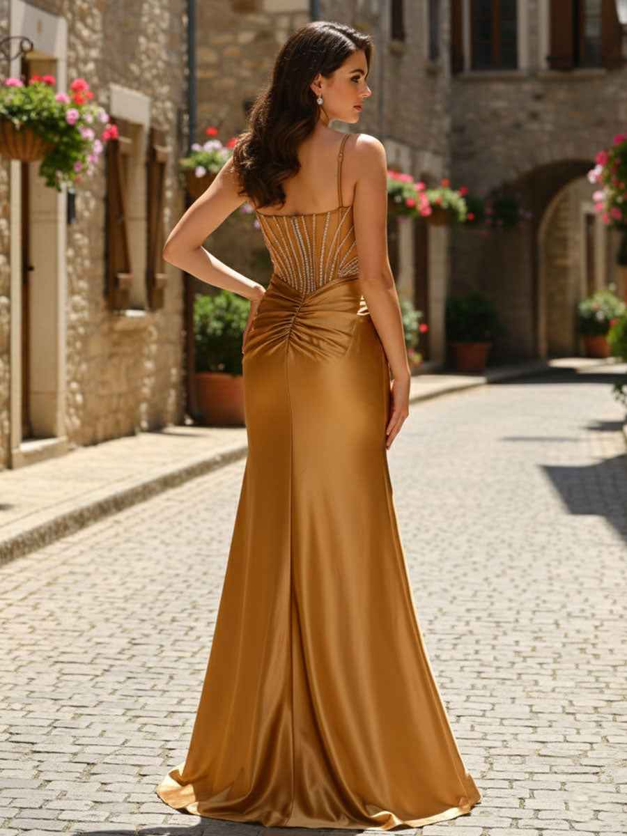 Gold Rhinestone Bodice Satin Sheer Corset Prom Dress with Slit
