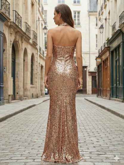 Gold Sequin Halter Neck Mermaid Long Prom Dress