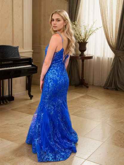 Gold Sequin V-Neck Metallic Embroidered Mermaid Prom Dress