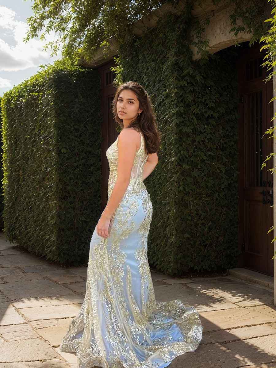 Gold Sequin V-Neck Metallic Embroidered Mermaid Prom Dress