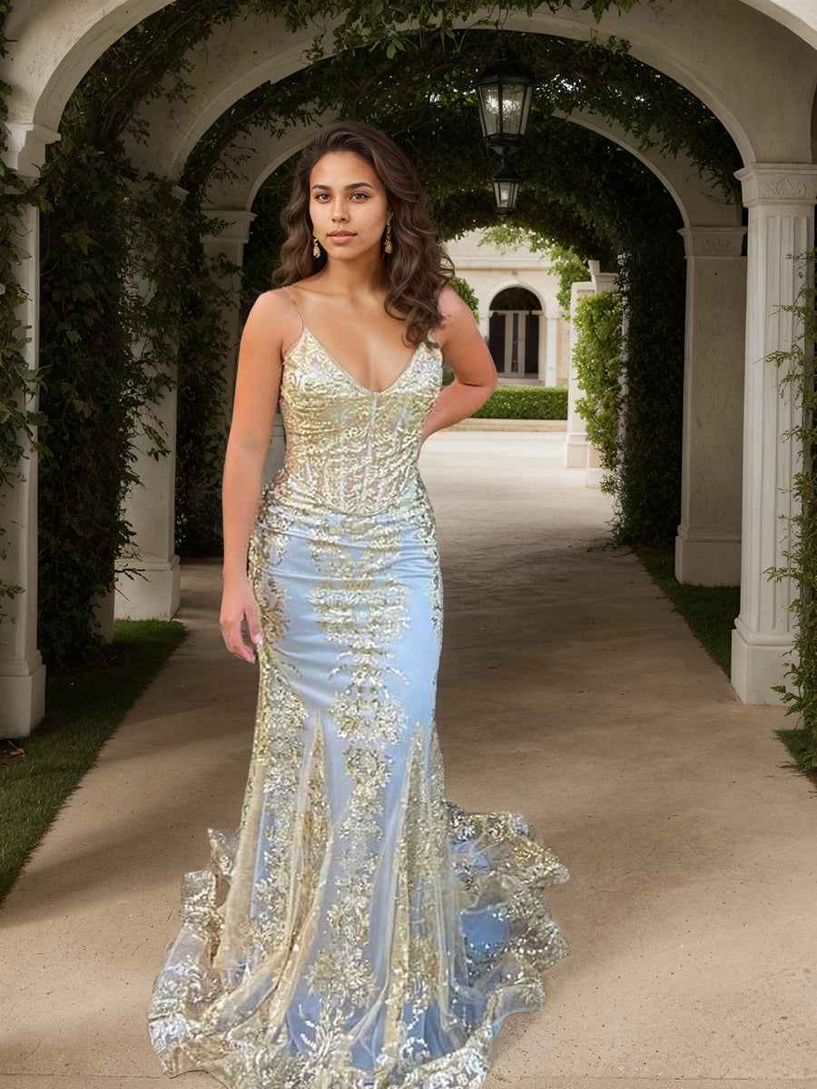 Gold Sequin V-Neck Metallic Embroidered Mermaid Prom Dress
