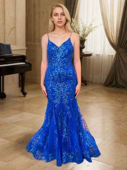 Gold Sequin V-Neck Metallic Embroidered Mermaid Prom Dress