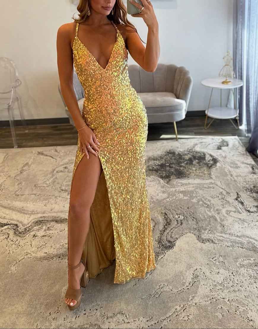 Gold Sequin V-Neck Spaghetti Straps Prom Dress with Slit