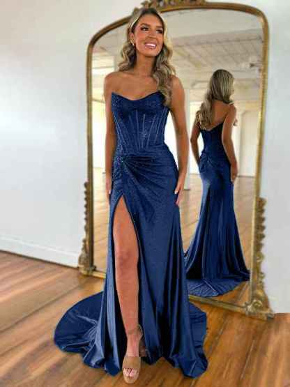 Green Mermaid Strapless Corset Beaded Prom Dress with Slit