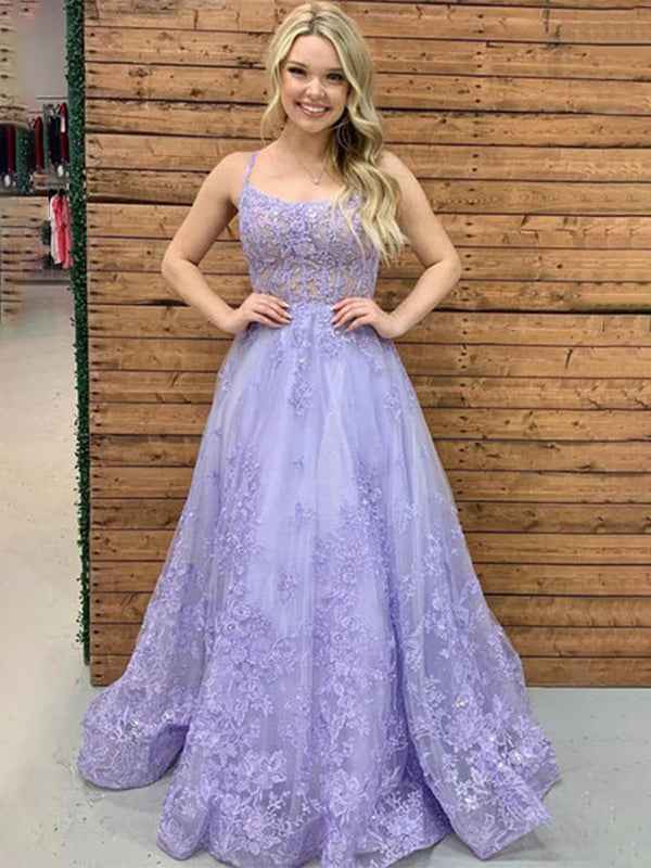 Purple A Line Spaghetti Straps Lace Tulle Long Prom Dress with Appliques