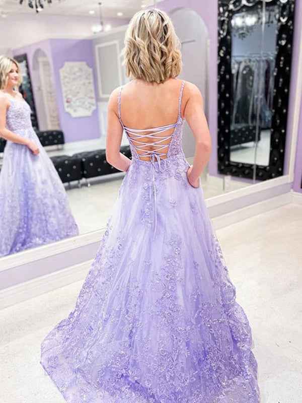 Purple A Line Spaghetti Straps Lace Tulle Long Prom Dress with Appliques