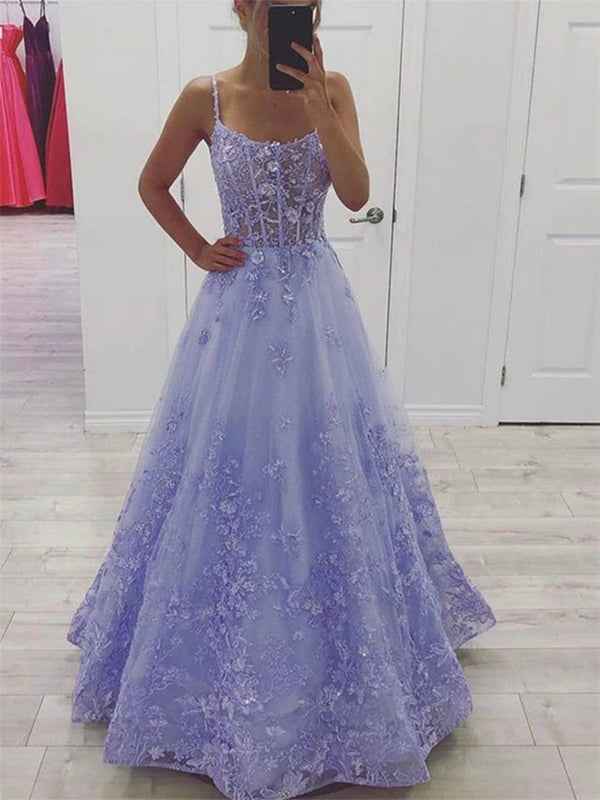 Purple A Line Spaghetti Straps Lace Tulle Long Prom Dress with Appliques