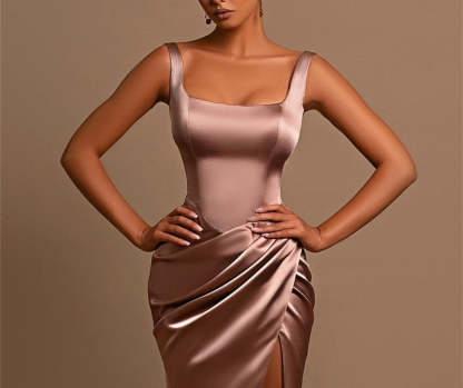 Square Neckline Floor-Length Formal Evening Dress with Wide Shoulder Straps and Side Split