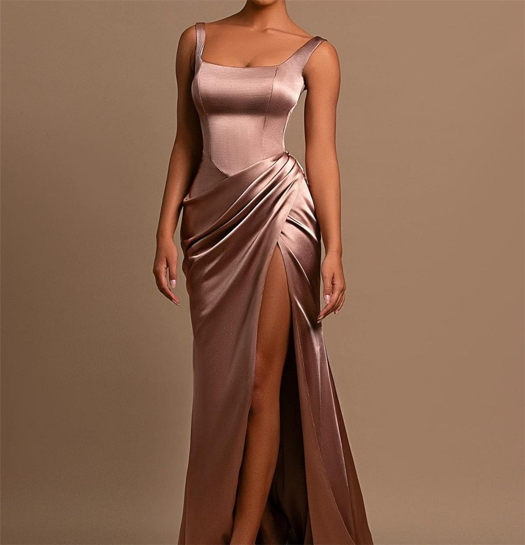 Square Neckline Floor-Length Formal Evening Dress with Wide Shoulder Straps and Side Split