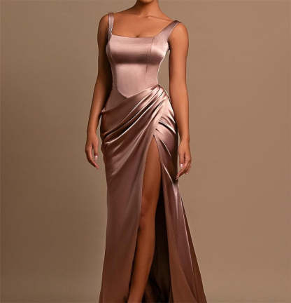 Square Neckline Floor-Length Formal Evening Dress with Wide Shoulder Straps and Side Split